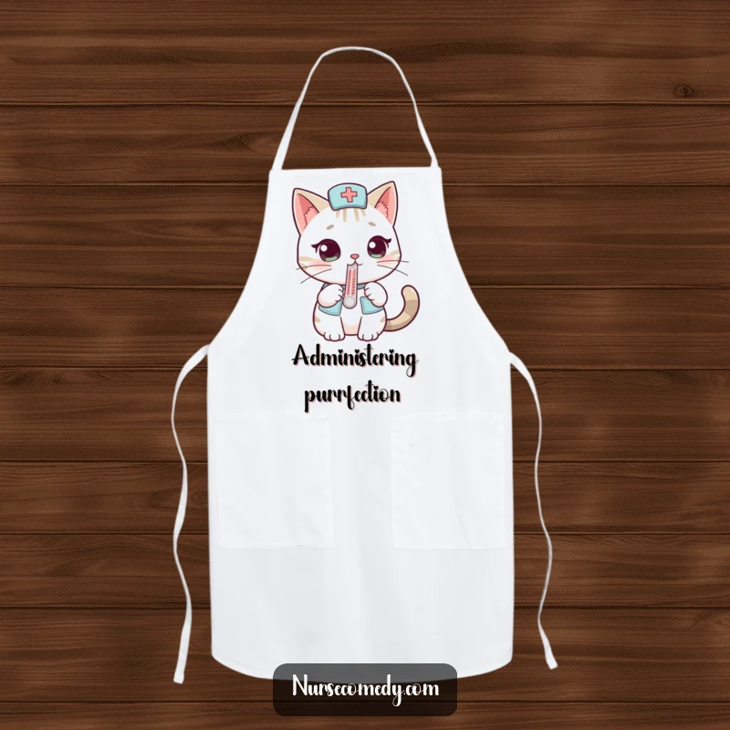 Funny cat nurse apron with a curious cat and thermometer, perfect for kitchen antics and as a humorous gift.