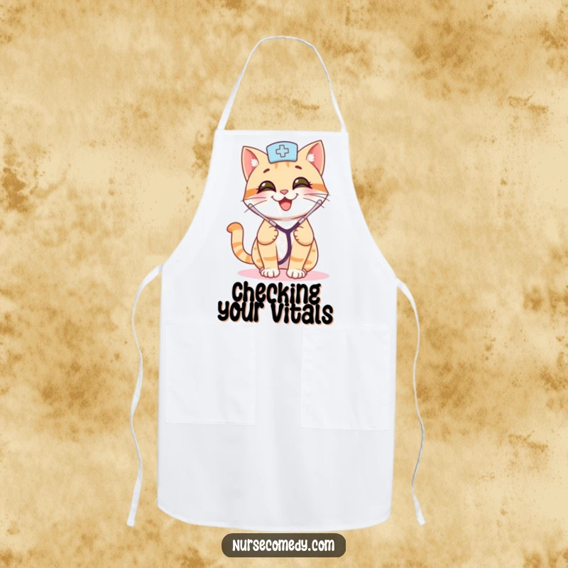 Funny cat nurse apron showing a smiling cat with a stethoscope, bouncing playfully, bringing humor and charm to cooking.