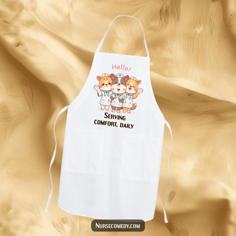 Funny animal nurse characters waving hello, ready to assist in the kitchen, printed on a functional apron.