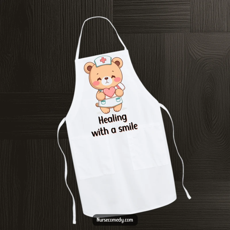 Funny Apron: A bear nurse holds a bandage with a heart. Adds caring humor to kitchen tasks.