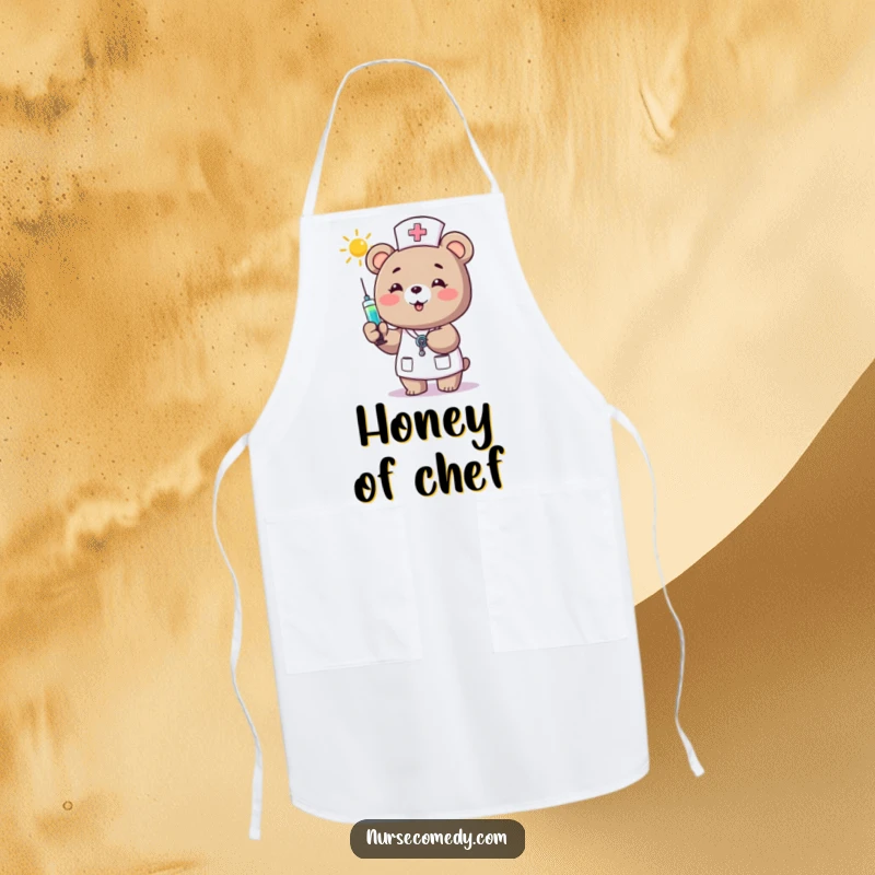 Funny Bear Nurse Apron: A happy bear nurse cheerfully offers a syringe of sunshine, adding a delightful and humorous touch to this practical apron.