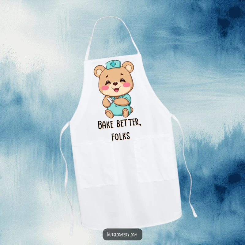 Funny bear nurse apron, a happy character comically bandaging a small paw with a big smile, ideal for kitchen humor, funny gift.