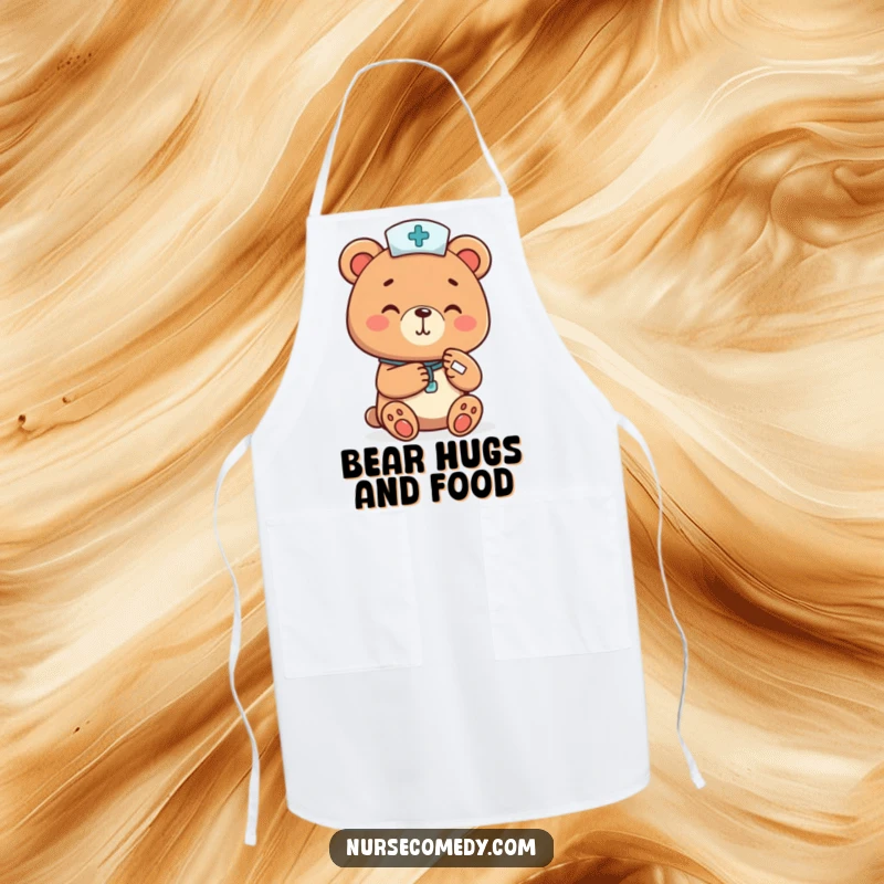 Funny bear nurse cheerfully bandaging a tiny paw, featured on a kitchen apron, ensuring a clean and humorous cooking experience as a funny gift.