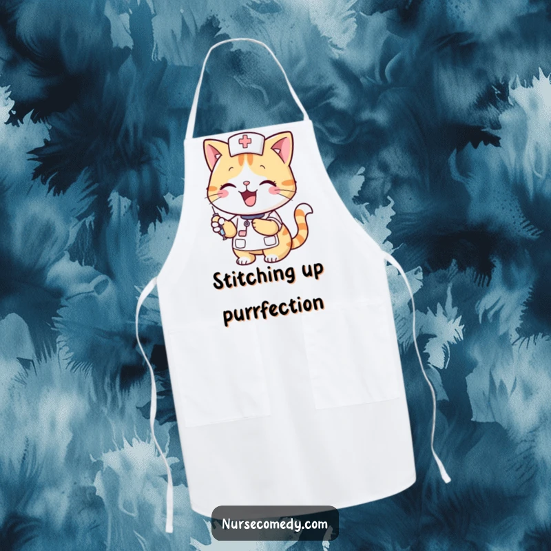 Funny cat nurse character happily holding a syringe, featured on a kitchen apron, ensuring a clean and humorous cooking experience as a funny gift.