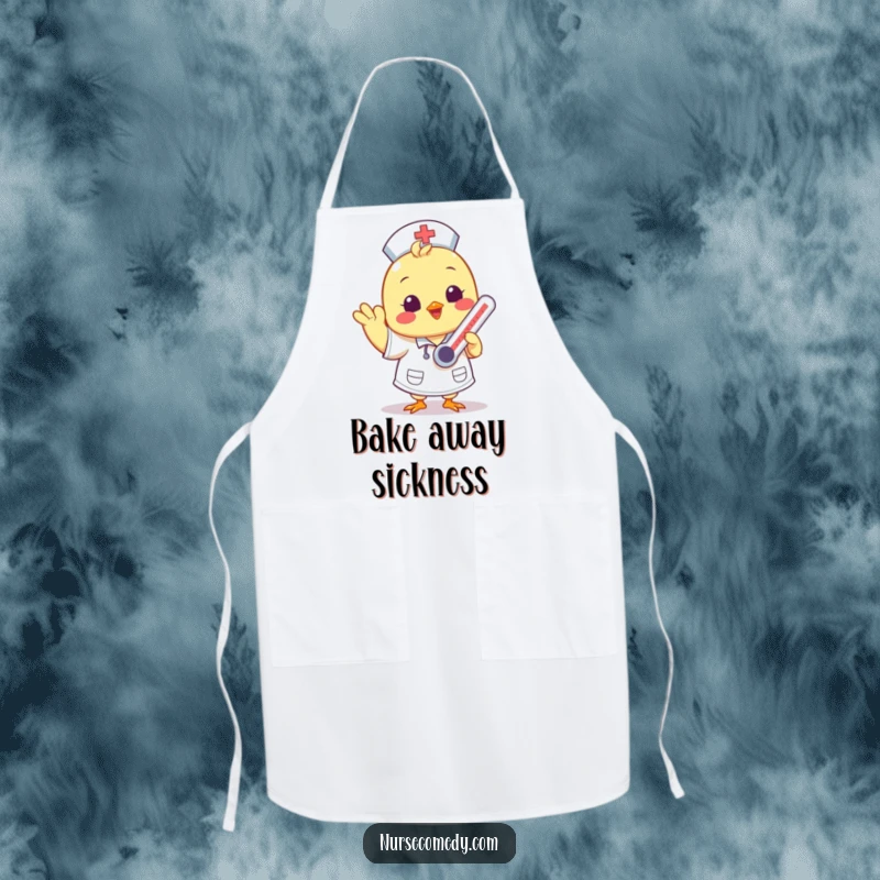 Funny Kawaii chick nurse waving on a cute apron, ready for kitchen duty.