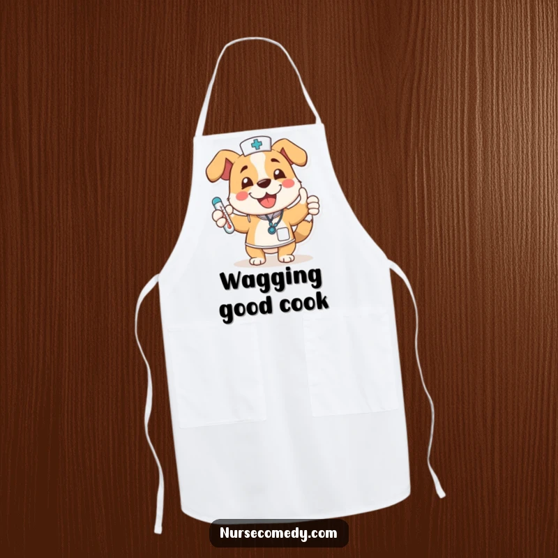 Funny dog nurse character on an apron, wagging tail, thumbs up, thermometer, a humorous and practical kitchen accessory.