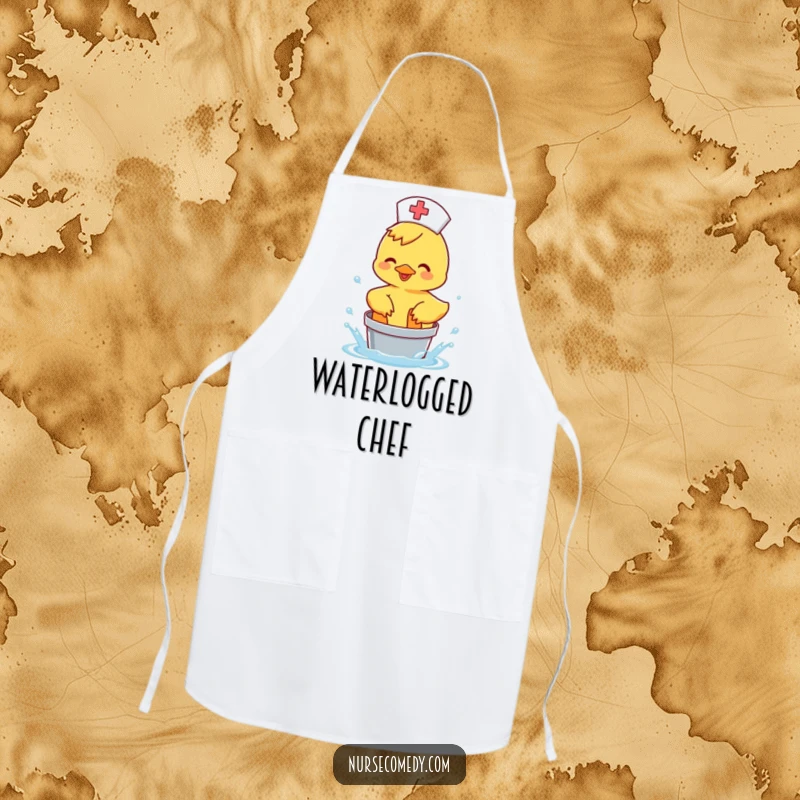Funny Duck Nurse Apron: a happy duck splashing water in a bucket, ideal for kitchen fun.