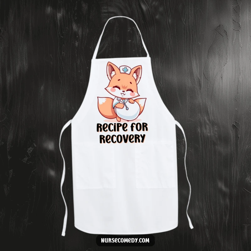 Funny Kawaii fox nurse peeking from behind a giant pill on a cute apron, for playful cooks.