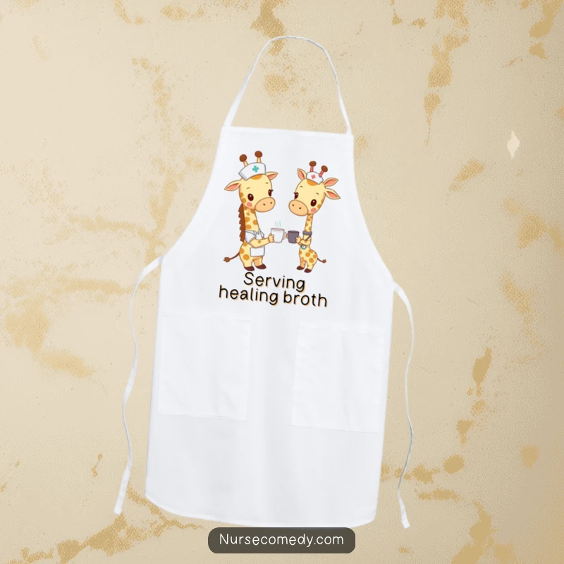 Funny giraffe nurse apron, a giraffe in nursing attire offering a tiny cup, adding humor and protection to kitchen activities with gentle care.