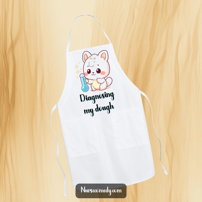 Funny apron with a curious kawaii animal character examining a sparkling thermometer, ideal for a humorous cooking experience.