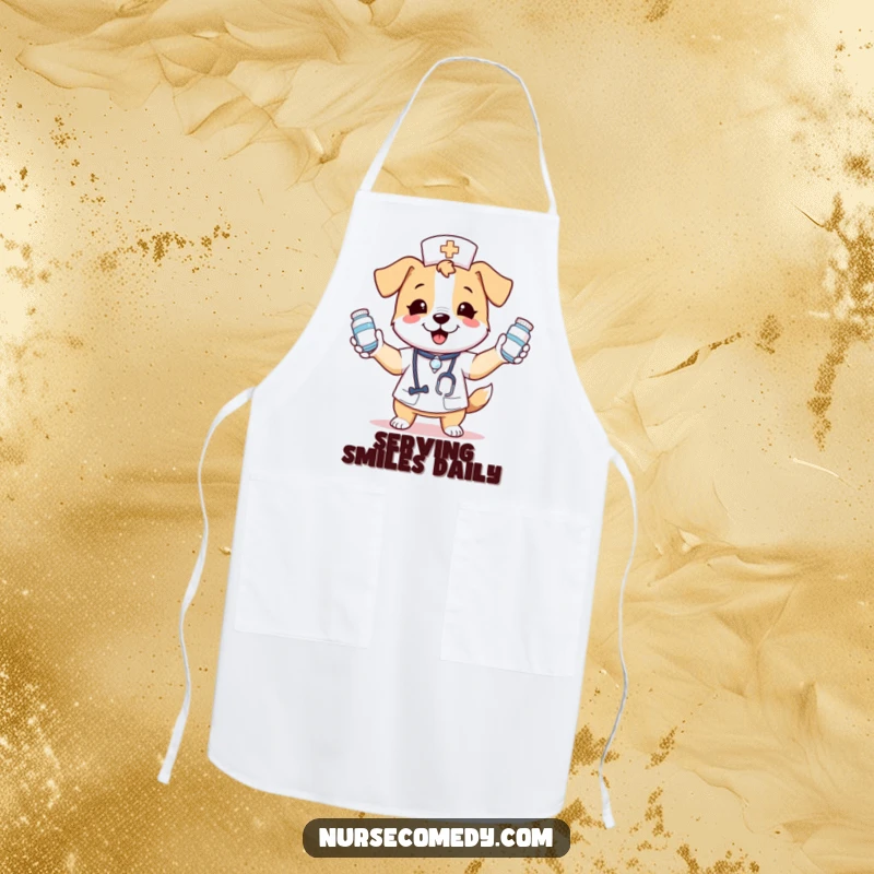 Funny kitchen apron with a kawaii dog nurse character expertly juggling medicine bottles, adding a humorous touch to culinary adventures.
