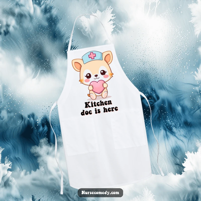 Funny Nurse Animal Apron: An apron with a caring animal character in a nurse hat holding a heart-shaped bandage.