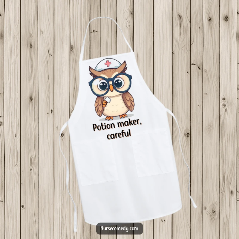 Funny owl nurse apron showing a curious owl in nurse attire peering at a pill through large spectacles, perfect for cooking.
