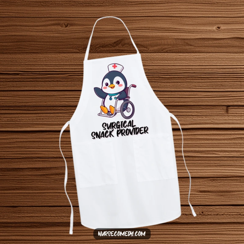 Funny Penguin Nurse Apron with a cheerful penguin nurse sliding in a wheelchair, perfect for cooking.