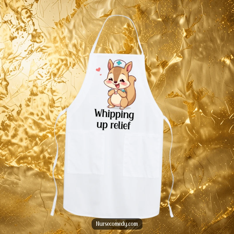 Funny squirrel nurse character excitedly bandaging a tiny boo-boo, designed for a humorous kitchen apron.