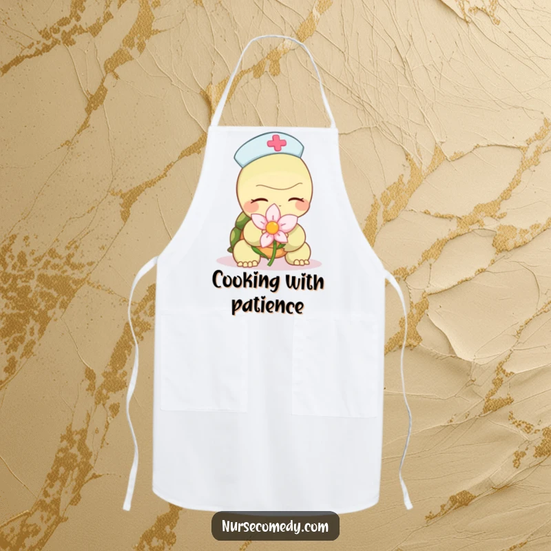 Funny turtle nurse apron, showing a character slowly offering a calming flower, ideal for kitchen use with a humorous and caring touch.