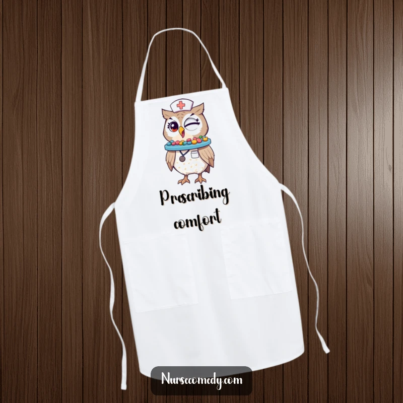 Funny Winking Owl Nurse Apron: A winking owl in a nurse outfit humorously balances a tray of colorful pills on its beak while cooking.