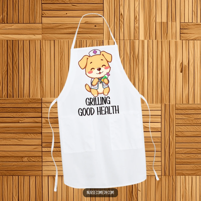 Funny dog nurse playfully administering a vitamin shot, featured on a kitchen apron, ensuring a clean and humorous cooking experience as a funny gift.