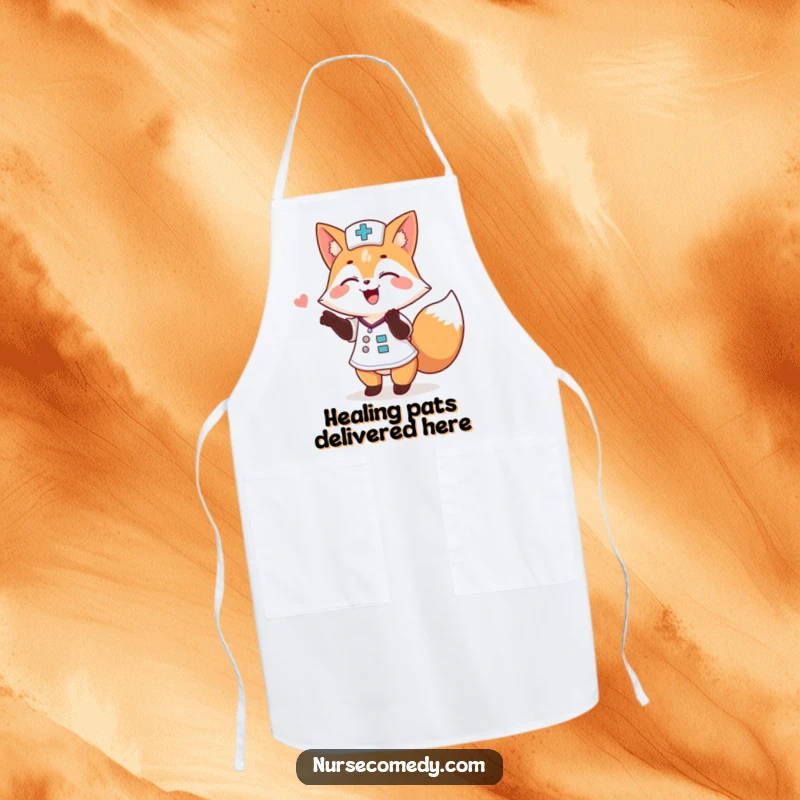 Funny Fox Nurse Apron: Whimsical kitchen wear with a cheerful animal doctor playfully patting someone's back.