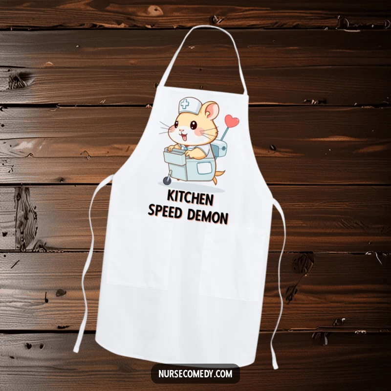 Funny hamster nurse apron, a hamster in nursing attire zipping with a medicine cart, adding humor and protection to kitchen activities with speed.