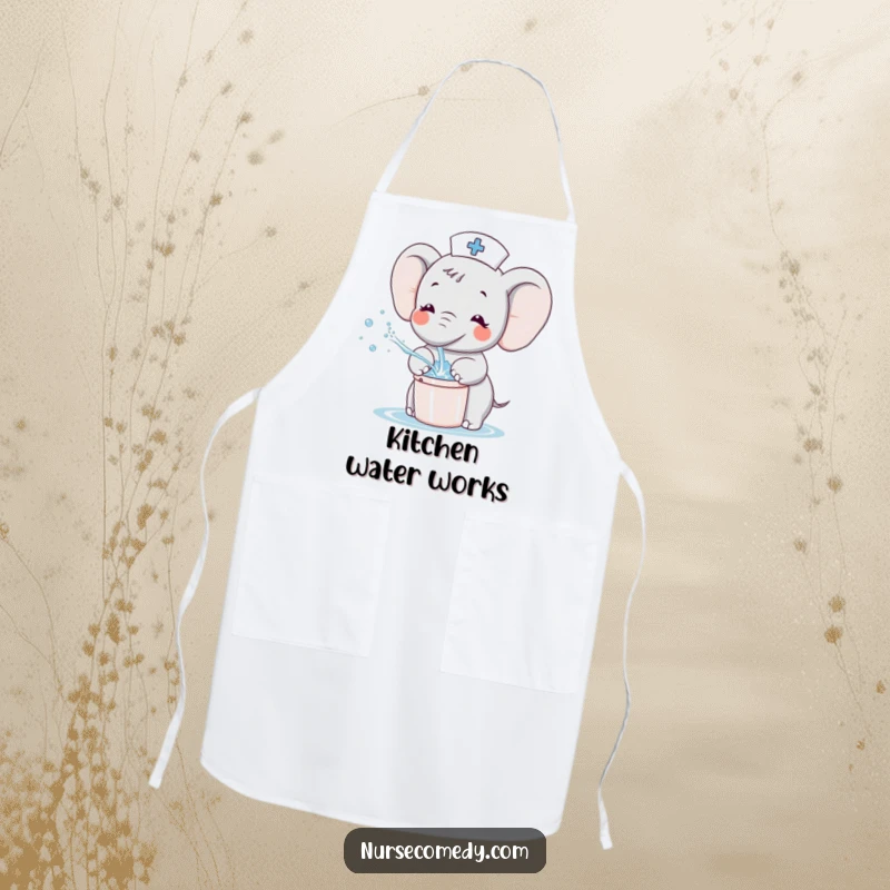 Funny Kawaii Elephant Nurse Apron, cute cartoon elephant splashing water from a tiny bucket, ideal for kitchen fun and protection.