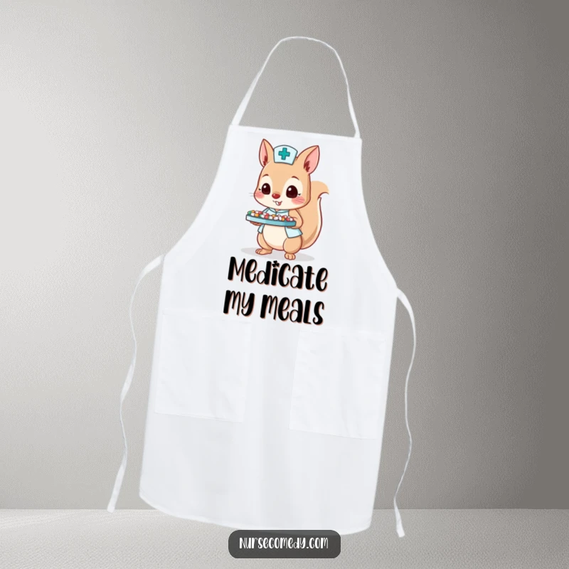 Funny apron with a squirrel nurse character balancing a tray of tiny pills, perfect for kitchen duty.