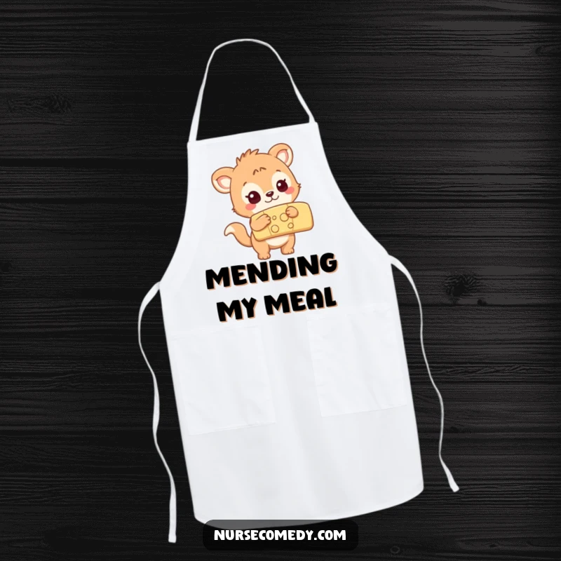 Funny curious animal character examining a large colorful bandage, kitchen apron, humorous cooking accessory.