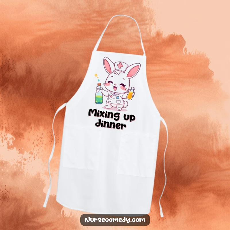 Funny Apron: A bunny nurse excitedly administers a colorful potion. Adds magical humor to kitchen tasks.