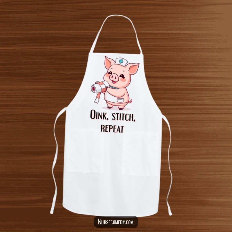Funny Pig Nurse Apron: a pig gleefully holds a bandage roll, ideal for a humorous kitchen.