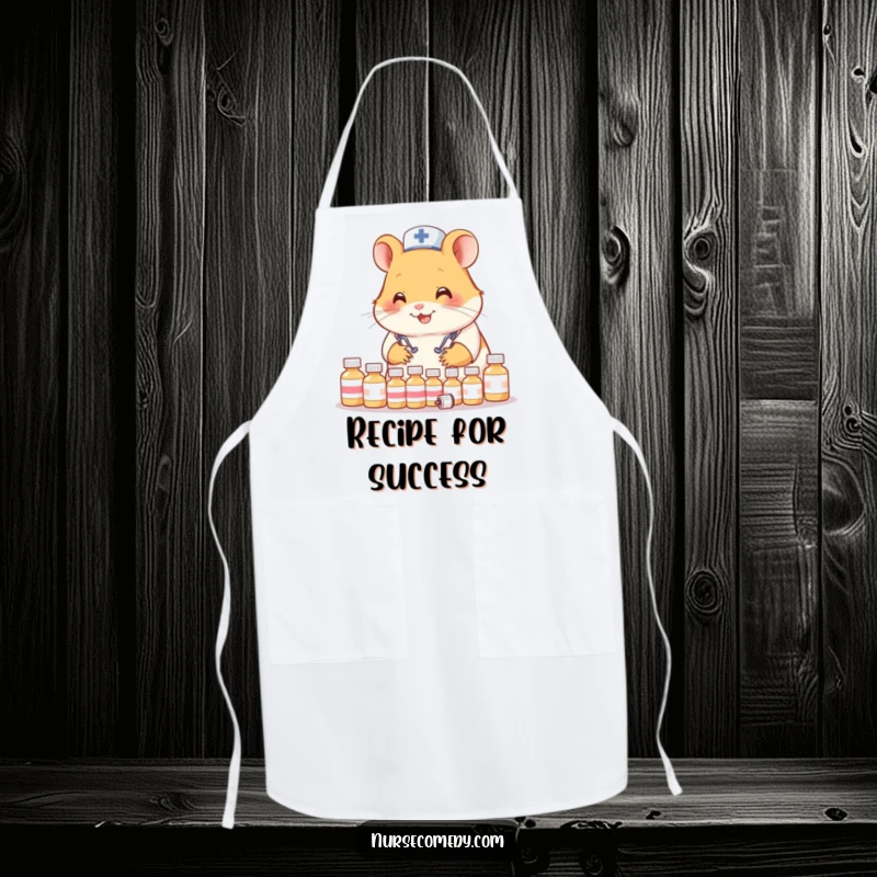 Funny Hamster Nurse Apron: Cute kitchen wear featuring a smiling hamster doctor organizing tiny bottles.