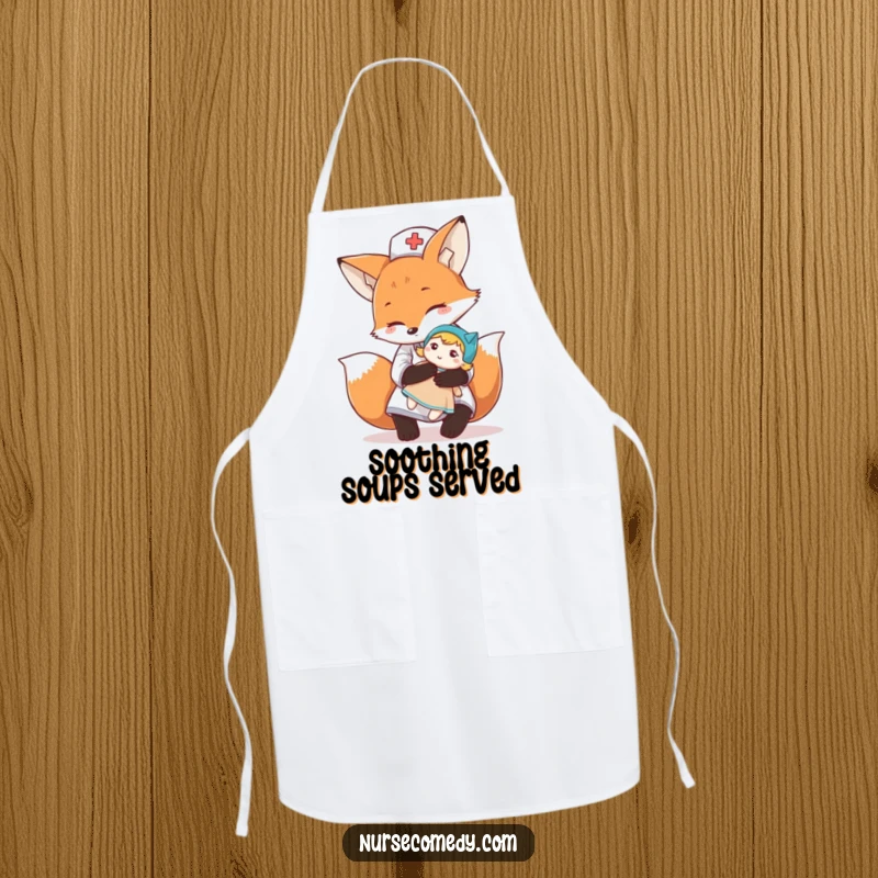 Funny fox nurse character offering a comforting hug to a doll on a practical apron, ideal for cooking and kitchen fun.