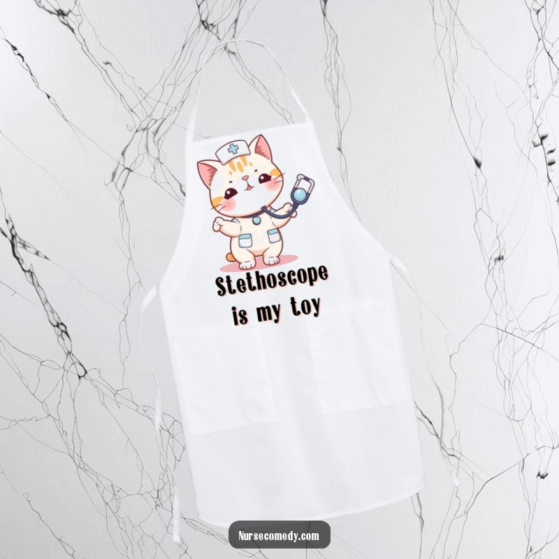 Funny kawaii cat nurse apron bouncing a stethoscope like a toy, perfect for a playful and cute kitchen.