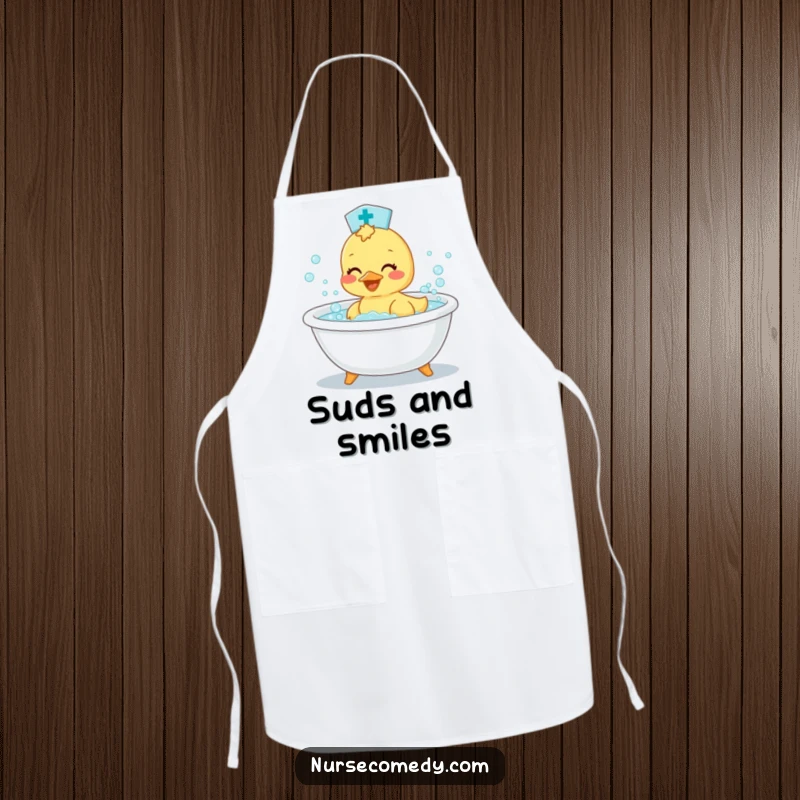 Funny Duckling Nurse Apron: Adorable kitchen wear featuring a happy duckling doctor splashing in a bathtub.
