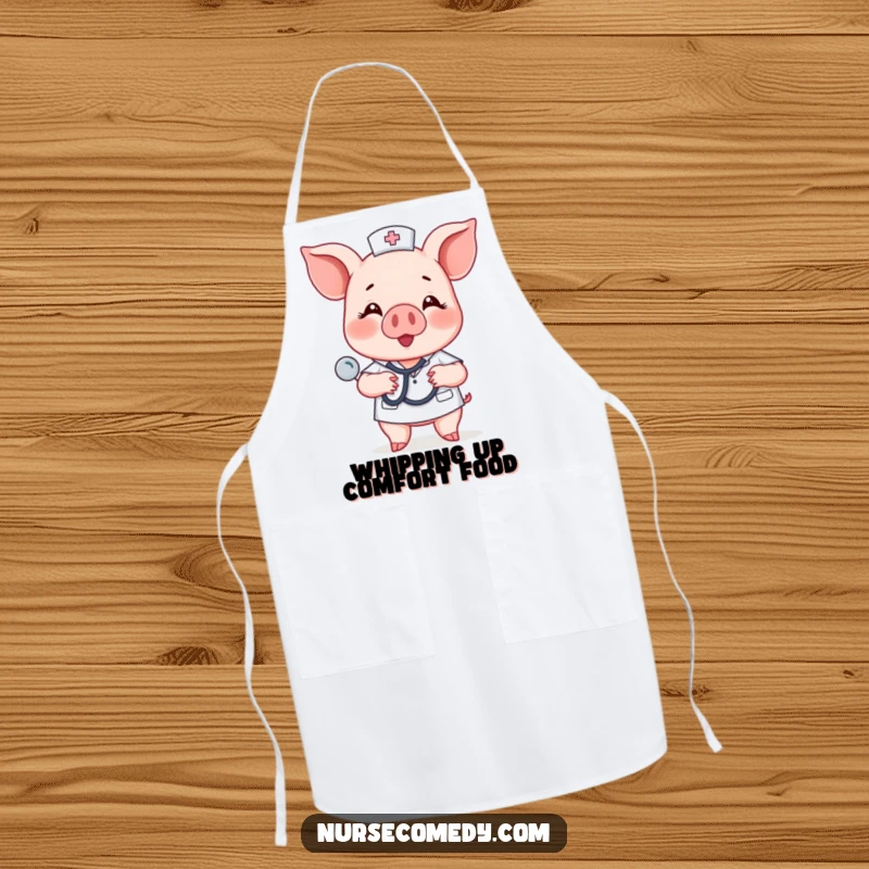 Funny piglet nurse character tapping a stethoscope on a chest, designed for a humorous kitchen apron.