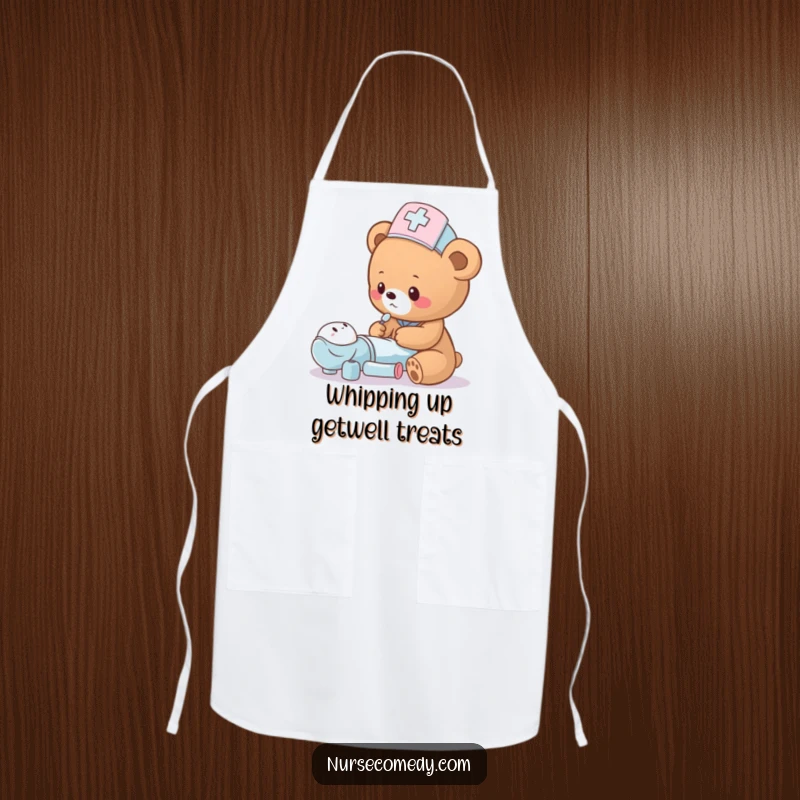 Funny bear cub nurse wearing a hat, humorously checking a toy patient, designed for a kitchen apron.