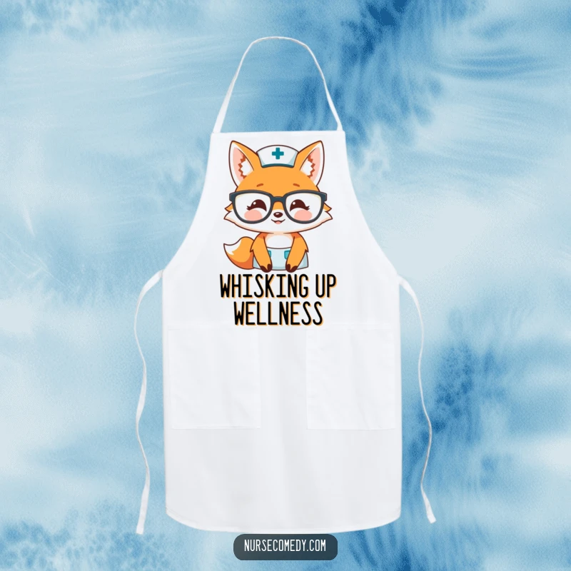 Funny fox nurse apron with a smiling fox peeking over glasses, perfect for kitchen wear and as a humorous gift.
