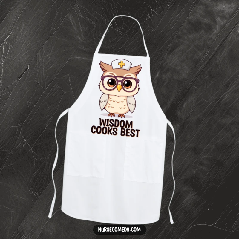 Funny Kawaii Owl Nurse Apron: A cute owl nurse character peers over large glasses, ready to assist in the kitchen with wisdom and flair.