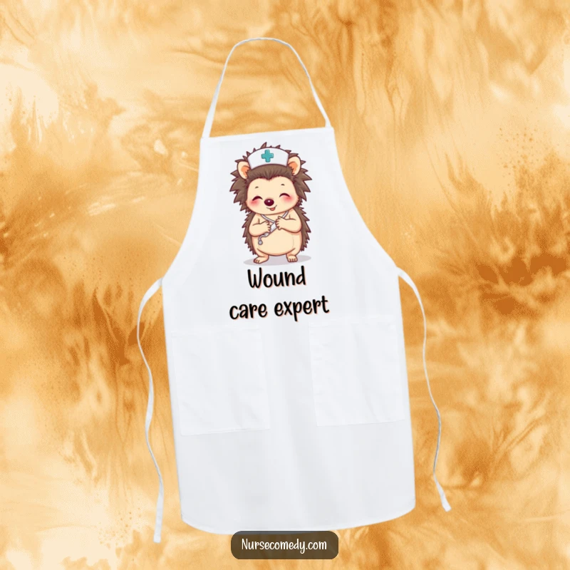 Funny apron with a hedgehog nurse character wrapping a paw with a bandage, perfect for kitchen duty.