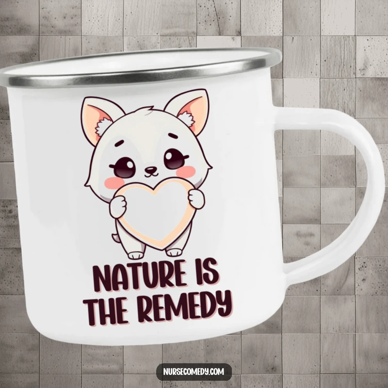 Funny Health Animal Camping Mug: A durable mug with a winking animal character holding a giant heart-shaped pill.