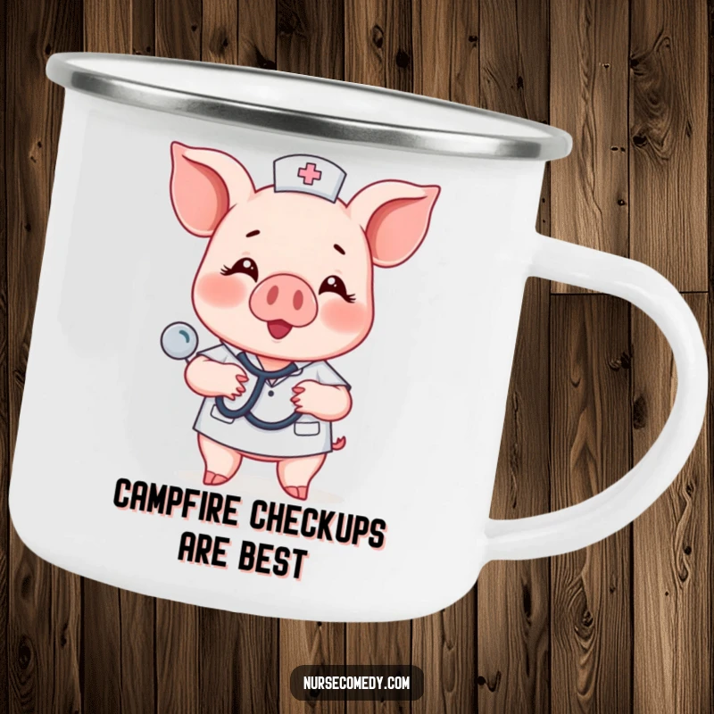 Funny piglet nurse character happily tapping a stethoscope on a chest on a camping mug.