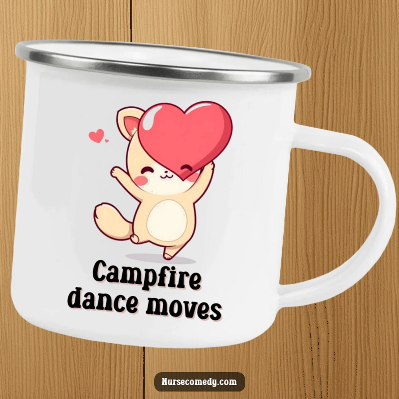 Funny Kawaii Animal Camping Mug with a cute character dancing joyfully with a heart, designed for fun in the great outdoors.