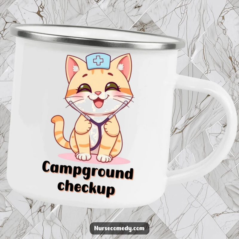 Funny cat nurse camping mug with a smiling cat, stethoscope, and playful bounce, ideal for healthcare professionals who love cats.