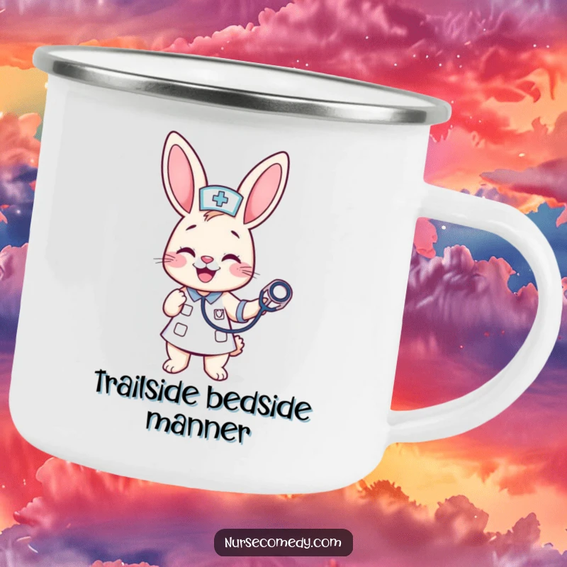 Funny Kawaii Bunny Nurse Camping Mug: A cheerful bunny nurse bounces a stethoscope, bringing portable medical humor to your outdoor experiences.