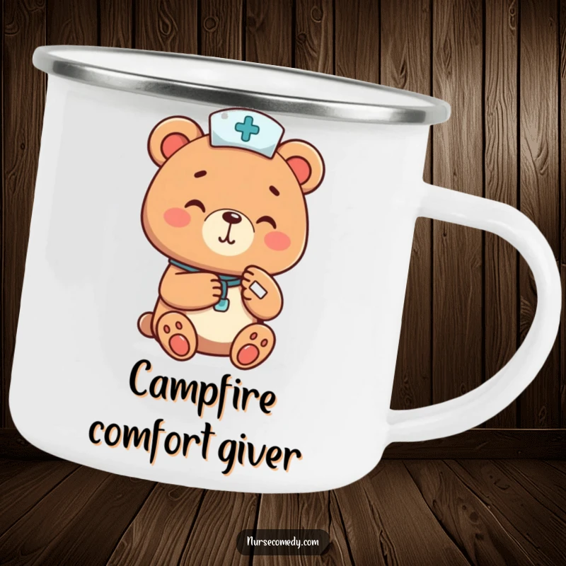 Funny bear nurse bandaging a tiny paw on a durable camping mug, designed for outdoor enthusiasts who appreciate gentle humor, a great funny gift.