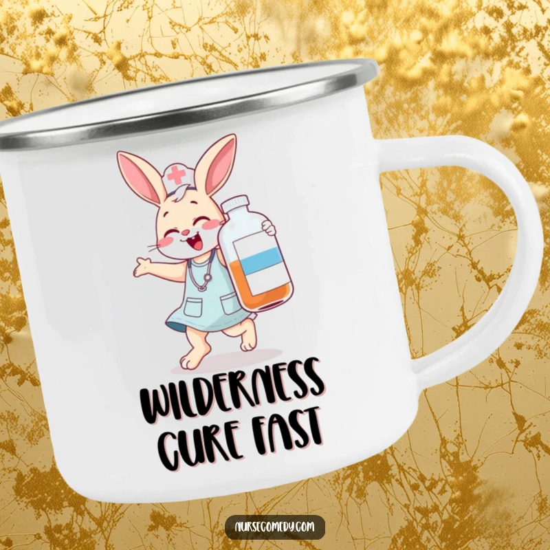 Funny bunny nurse camping mug, a jumping character comically giggling with a large medicine bottle, for outdoor fun, funny gift.