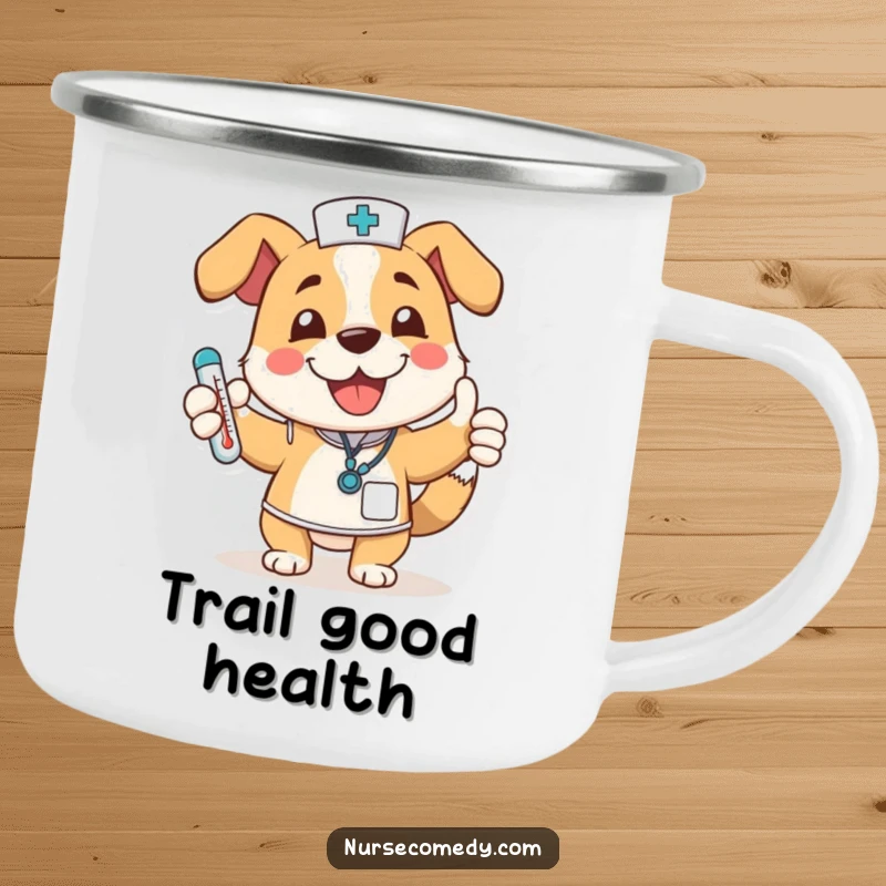 Funny dog nurse character on a camping mug, wagging tail, thumbs up, thermometer, durable and cheerful for outdoor use.