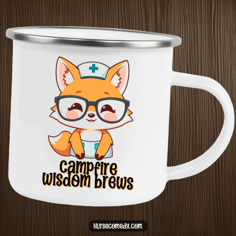 Funny fox nurse camping mug with a smiling fox peeking over glasses, durable and warm for any adventure, a thoughtful funny gift.