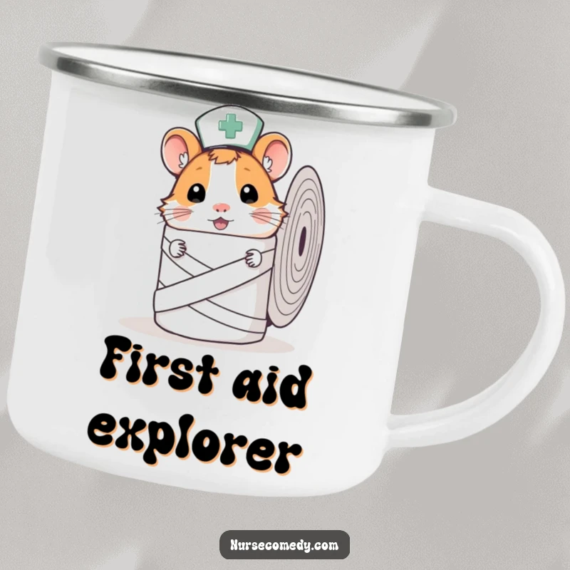 Funny Hamster Nurse Camping Mug with a curious hamster nurse peeking from behind a bandage roll, ideal for outdoor use.