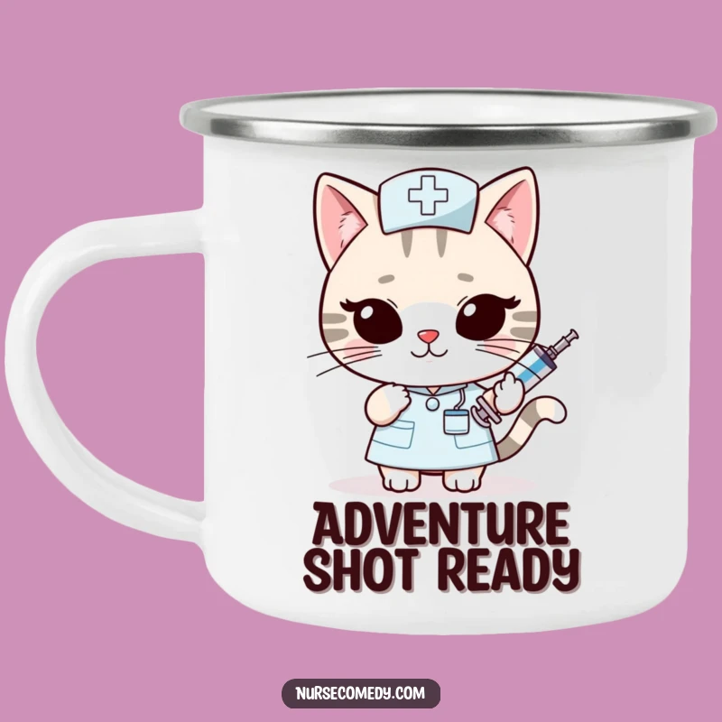 Funny Kawaii Cat Nurse Camping Mug: Sly Syringe Offer - Adventure Mischief!