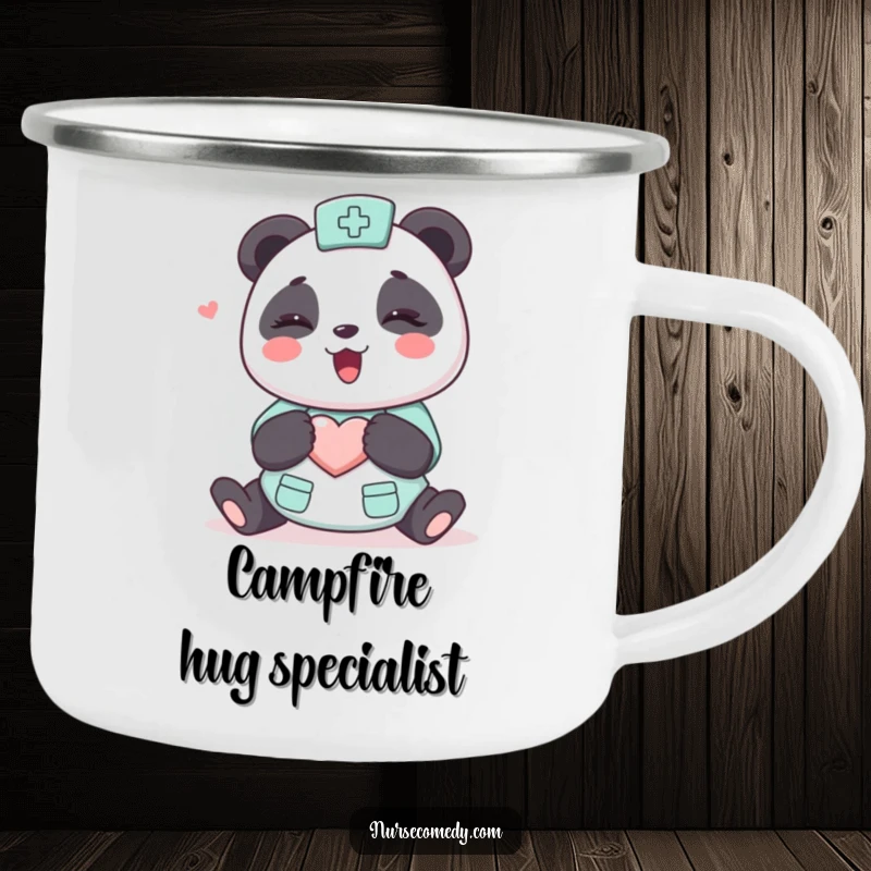 Funny Kawaii Panda Nurse Camping Mug, cartoon panda giving a hug, heart on chest, durable for outdoor use, adds cheer.